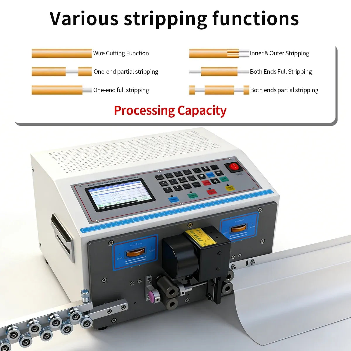 Wire stripping machine with cable cutting area and diagram-style wire stripping examples