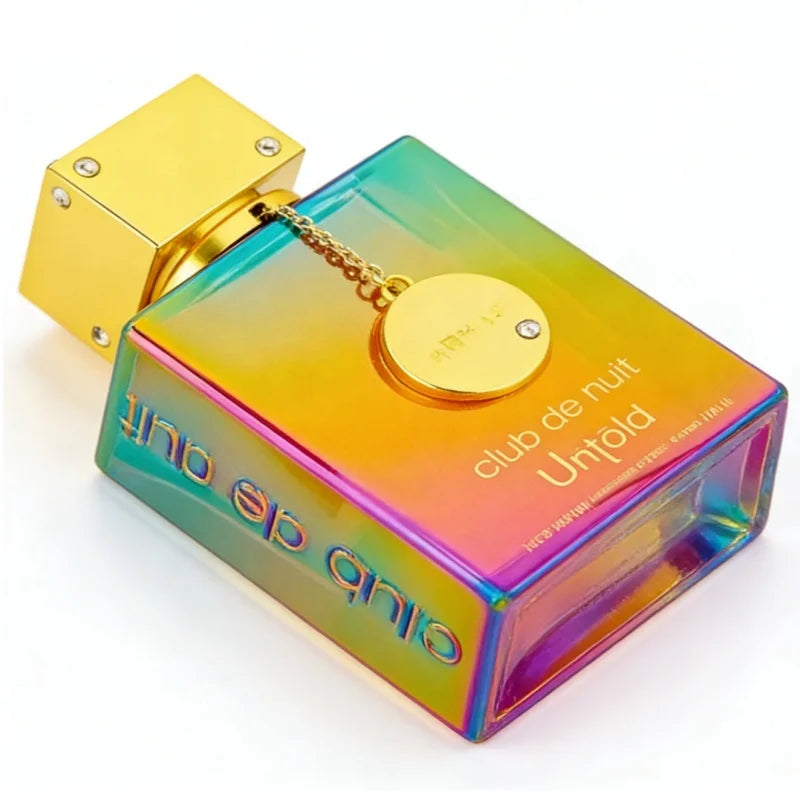 Armaf Club de Nuit Untold: Iridescent 105ml unisex Eau de Parfum with gold chain and square bottle. Long-lasting scent.