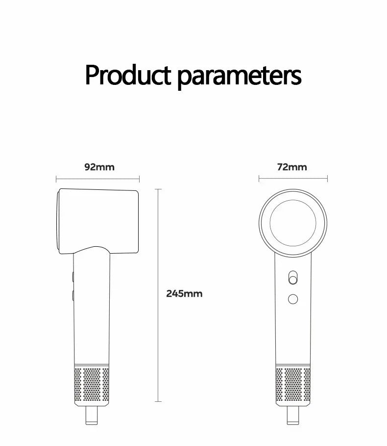 Technical diagram showing dimensions for a 1600W high-speed anion hair dryer with LED display and compact design.