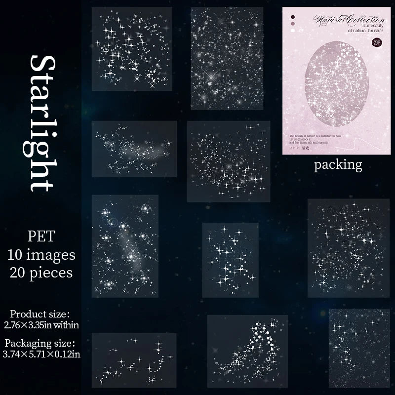 20pcs starlight PET stickers for aesthetic journal, diary, and scrapbook decoration. Waterproof celestial design set.