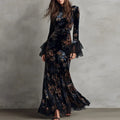 Retro New Floral Print Velvet Long Dresses Woman Sexy O Neck High Waist Evening Dress Autumn Long Sleeve Spliced Lace Maxi Dress