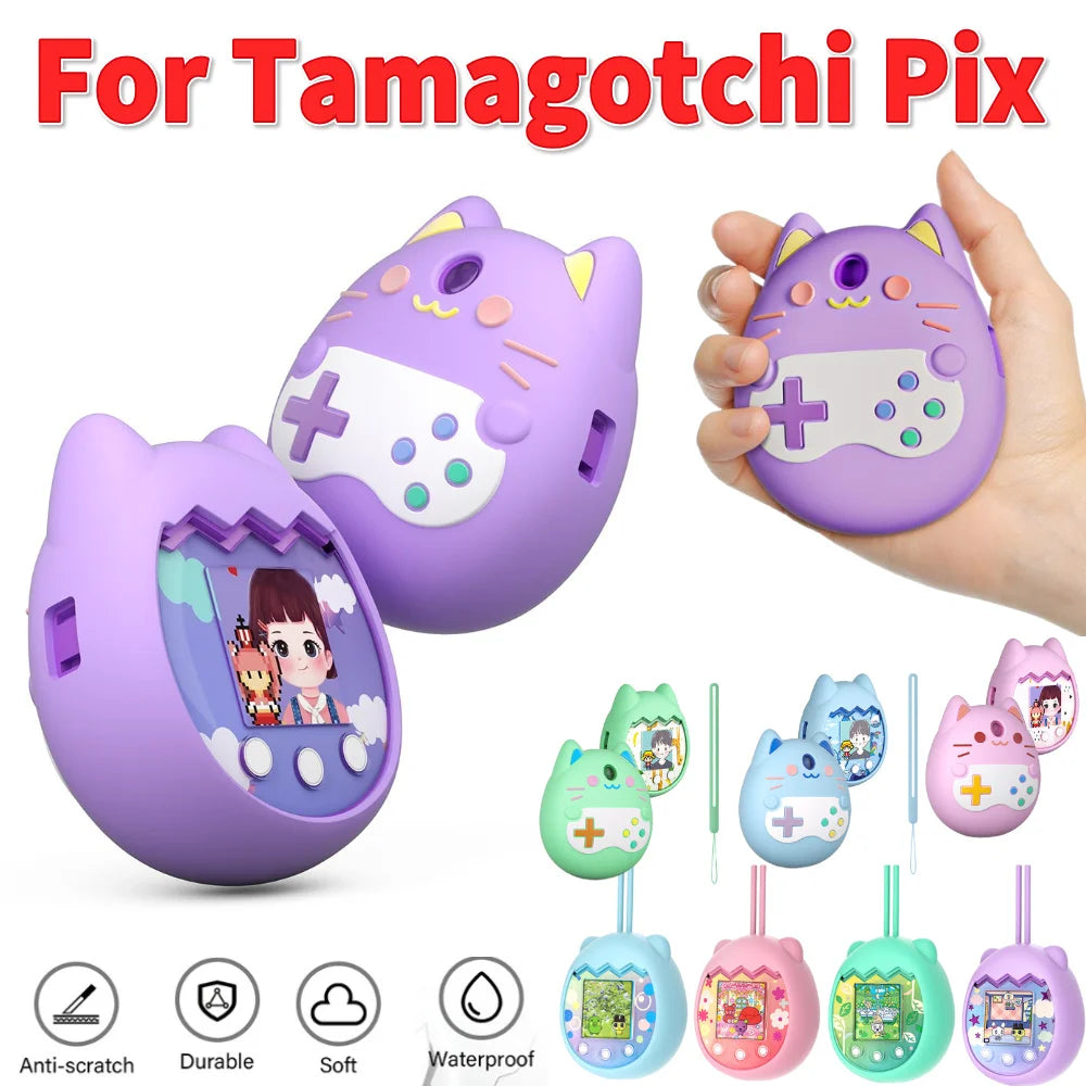 Purple cat silicone case for Tamagotchi Pix with hand strap. Soft, shockproof cover protects your virtual pet machine.