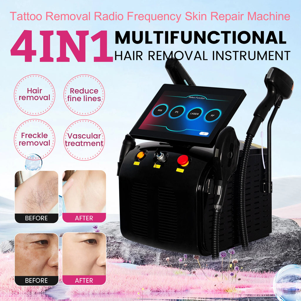 Tidesmit 4-in-1 4500W multifunctional beauty machine for diode laser hair removal and pico laser tattoo removal.