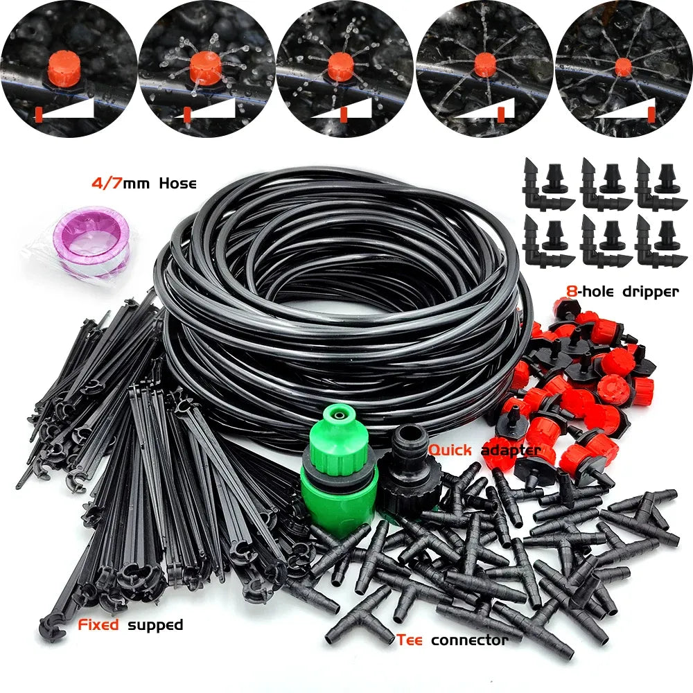 Garden drip irrigation kit with coiled hose, red emitters, tees, and end plugs
