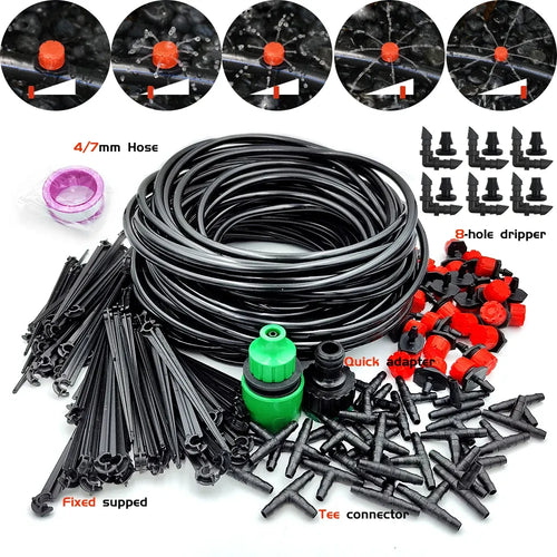 Garden drip irrigation kit with coiled hose, red emitters, tees, and end plugs
