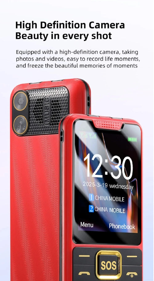 Red dual-SIM senior phone with SOS key, high-def camera, large display, and textured back in front-and-back view.