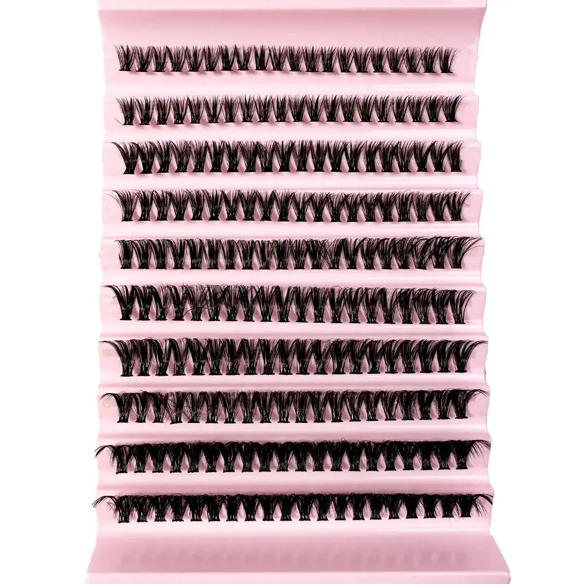Individual black lash clusters arranged on a 10-row pink plastic tray for professional eyelash extension application.