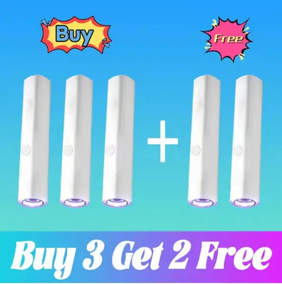Five white, cylindrical wand-shaped wart removal devices arranged in a "buy 3 get 2 free" promotion graphic.