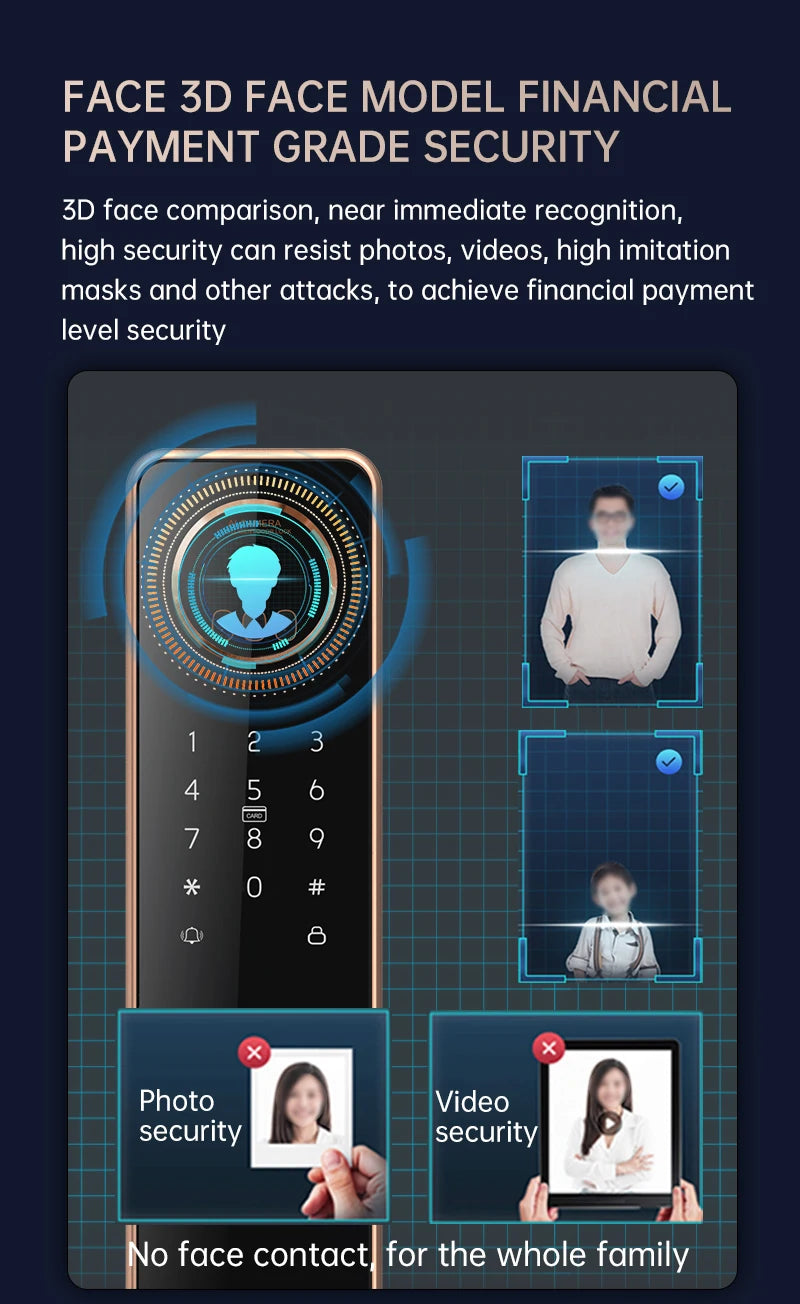 2026 Tuya Wifi Golden Video 3D Face Recognition Fingerprint Digital Smart Door Lock From Alibaba Certification Factory
