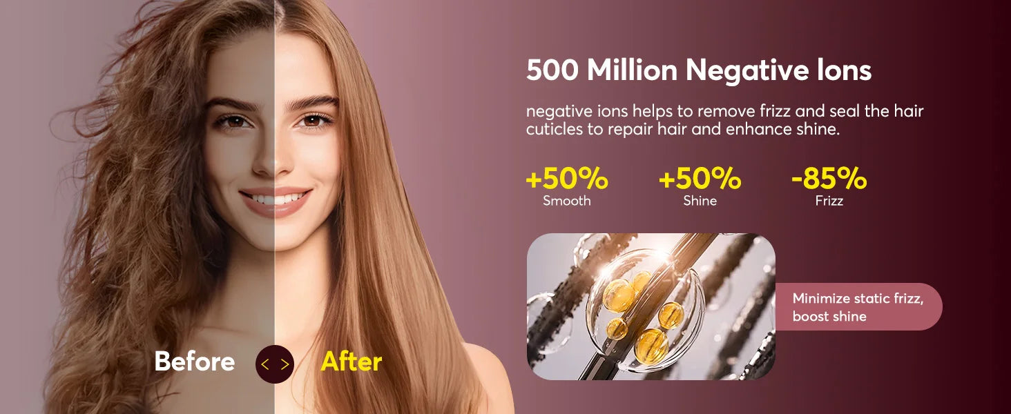 5-in-1 hot air styler before and after: negative ion technology reduces frizz and boosts hair shine for smooth styling.