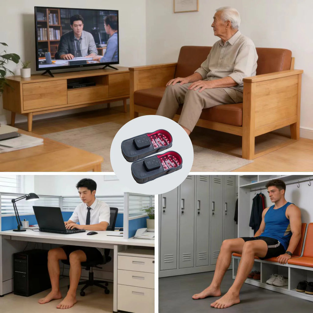 Wireless red light therapy slippers for foot pain relief, featuring portable infrared LED design for home or office use.