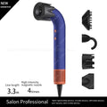 Blue negative ion hair dryer with 4 styling attachments, magnetic nozzles, and ergonomic design for professional salon.