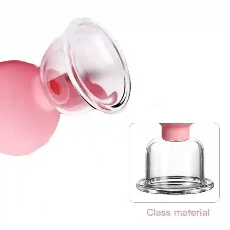 Two facial cupping tools with clear glass cups and pink rubber bulbs, shown from side and bottom angles.