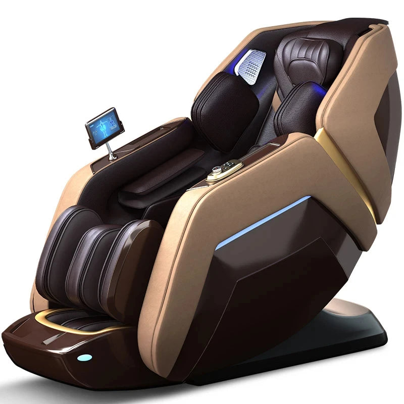 Modern brown and beige full-body massage chair with tablet controller, built-in speakers, and LED accents.