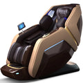 Modern brown and beige full-body massage chair with tablet controller, built-in speakers, and LED accents.