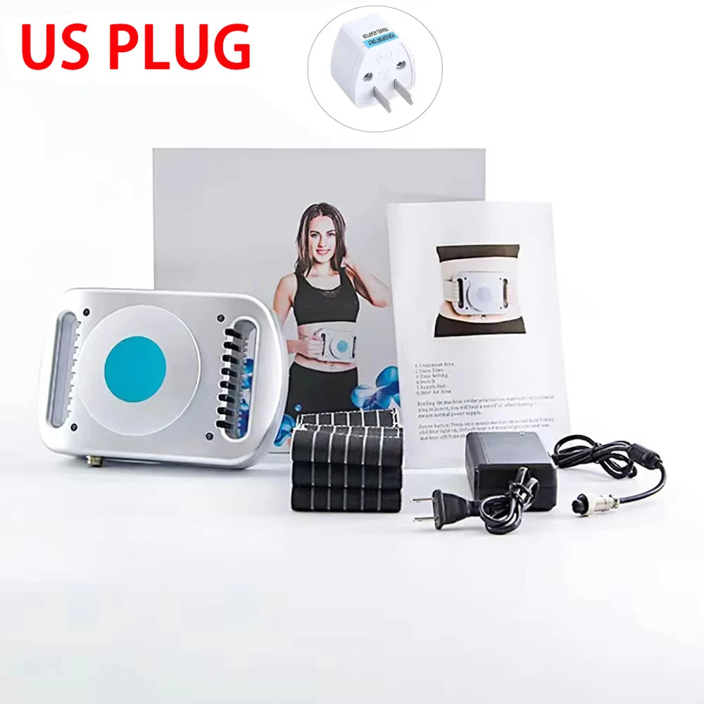Fat freezing body sculpting device with silver console, black power adapter, elastic straps, and US plug adapter.