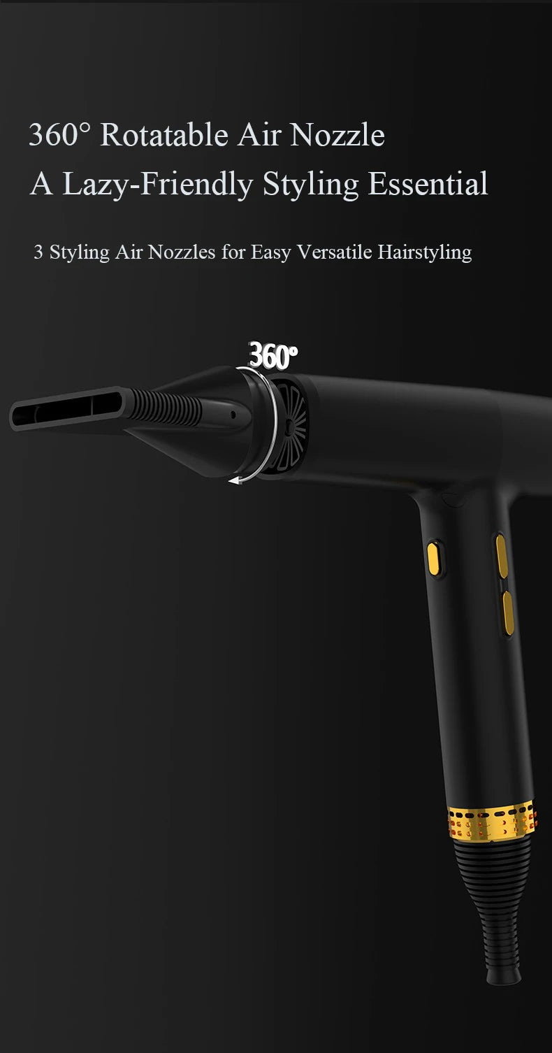 Black ionic hair dryer with 360-degree rotatable nozzle and golden accents for professional, quick home styling.