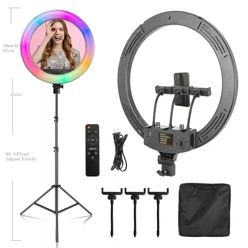 18 Inch RGB LED Ring Light with Tripod - Dimmable Studio Lighting SH-HXD-18RGB-01 Tidesmit