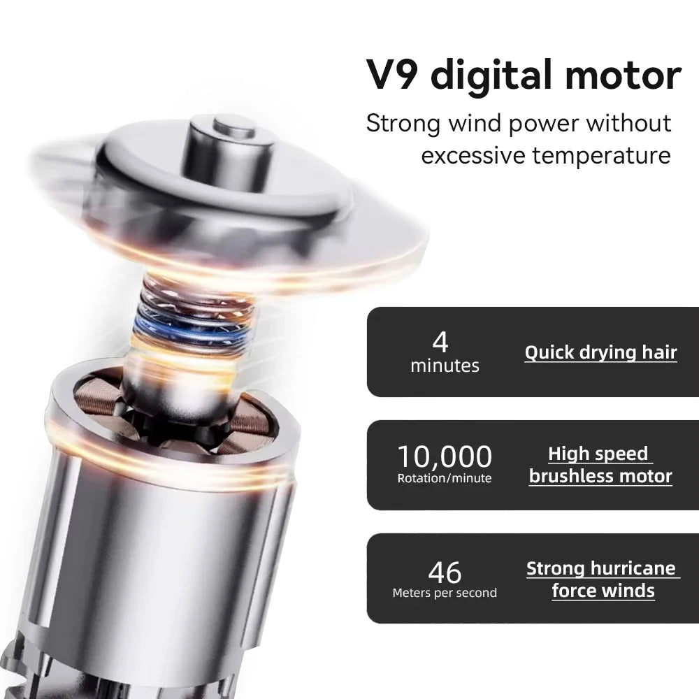 V9 digital motor for professional leafless hair dryer, featuring high-speed brushless tech for fast, safe hair drying.