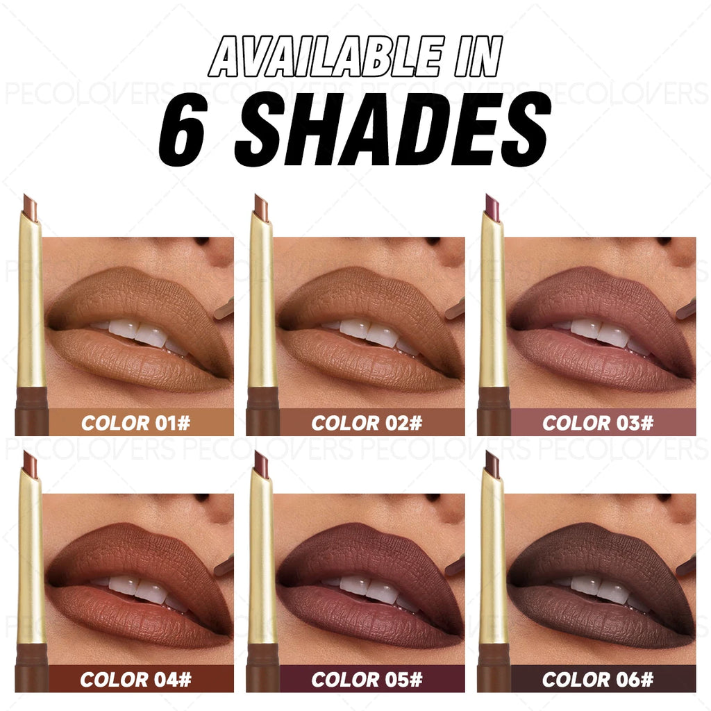 Six shades of waterproof matte lip liner pencils showing long-lasting, non-staining, moisturizing lip makeup swatches.