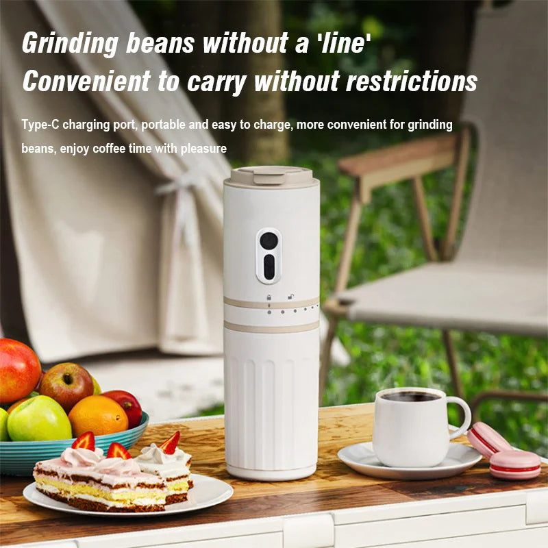 Portable white electric coffee bean grinder with Type-C charging, sleek cylindrical design for camping or travel.