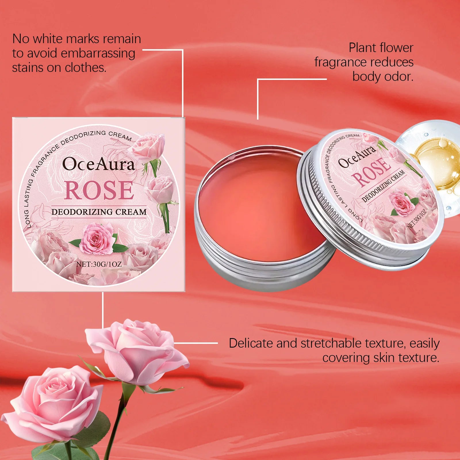 Tidesmit OceAura Rose body cream duo with peony and lily extracts for odor neutralization and non-greasy freshness.