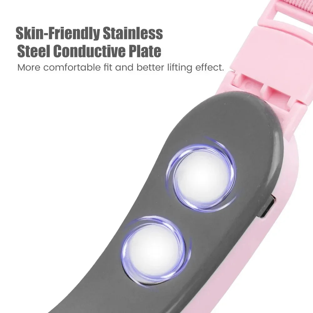 Pink and grey electric facial massager featuring two glowing circular stainless steel conductive plates.