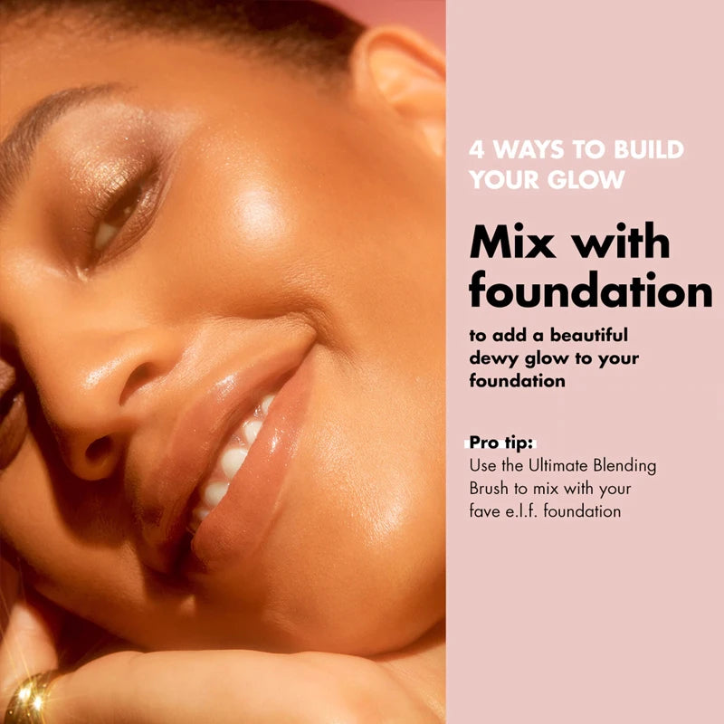 Model with dewy, glowing skin and glossy lips, promoting e.l.f. foundation mixing techniques for a radiant finish.