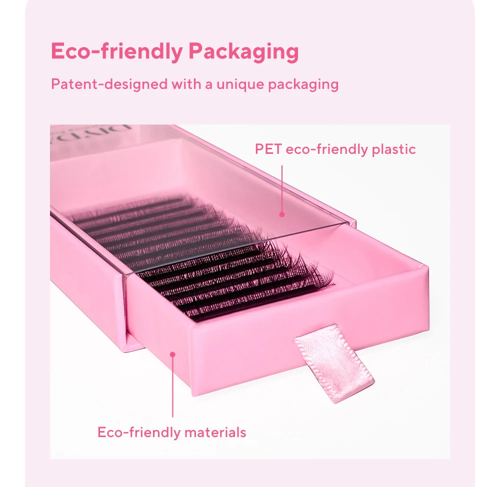 Black U-shaped YY eyelash extensions in a sliding pink eco-friendly box with a ribbon pull tab.