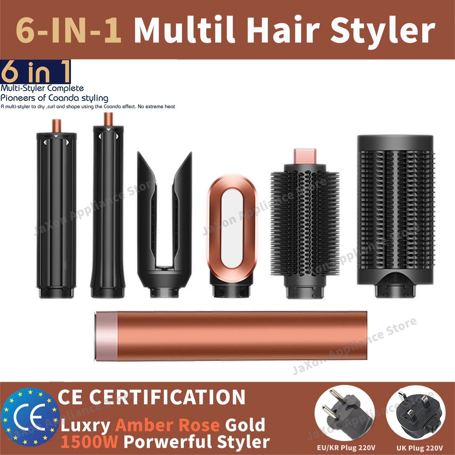 Sencimen 6-in-1 rose gold hair styler set with curling barrels, dryer nozzle, and brushes for professional styling.