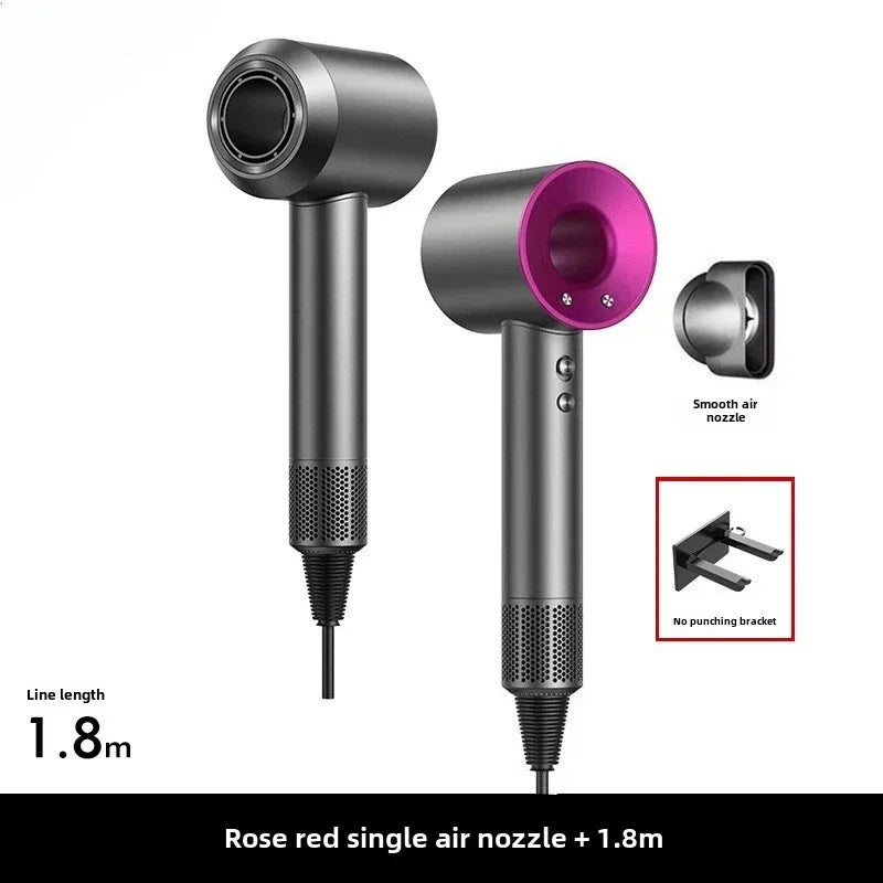Rose red 5-in-1 professional hair dryer with smoothing nozzle, wall bracket, and 1.8m cord for thermostatic styling.