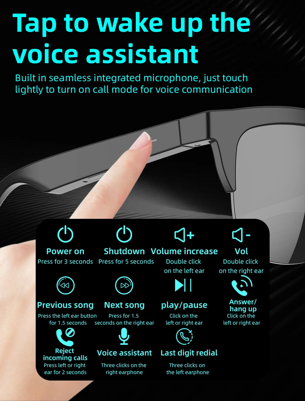 Bluetooth Smart Glasses - Immersive Spatial Audio Hands-Free Black Tidesmit