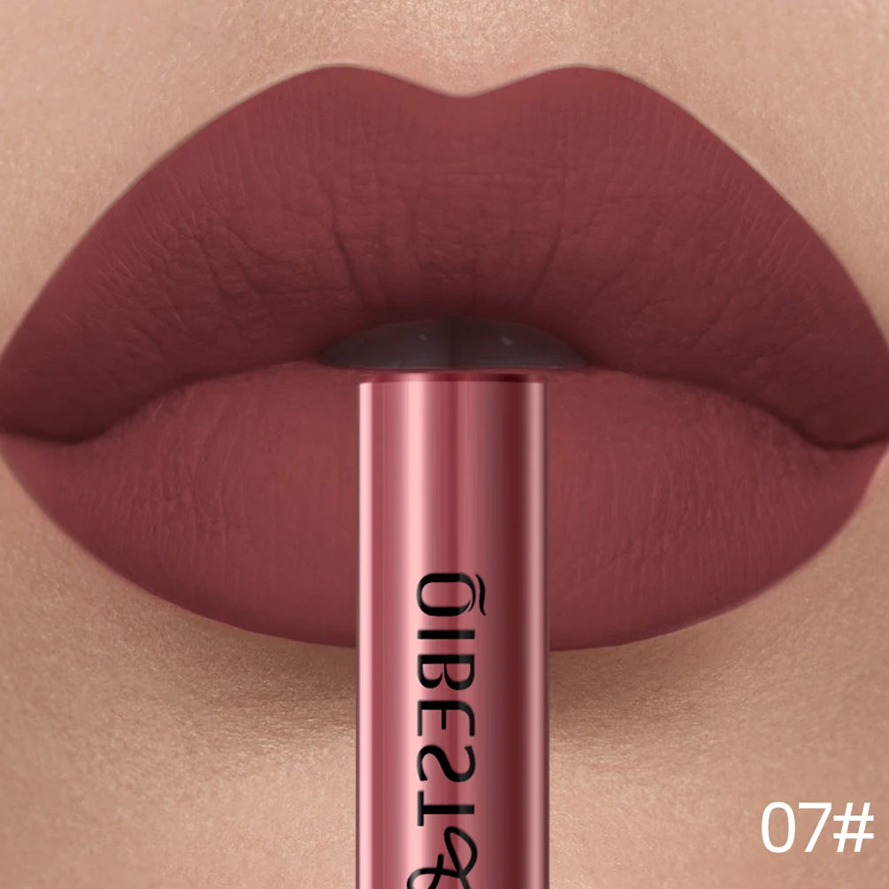 QIBEST red matte liquid lipstick, velvet finish, long-lasting nonstick lip makeup, 07# shade.