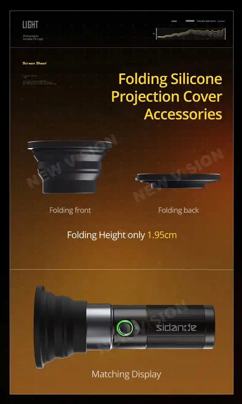 Collapsible black silicone projection cover for portable fill lights, shown folded and attached to a cylindrical device.