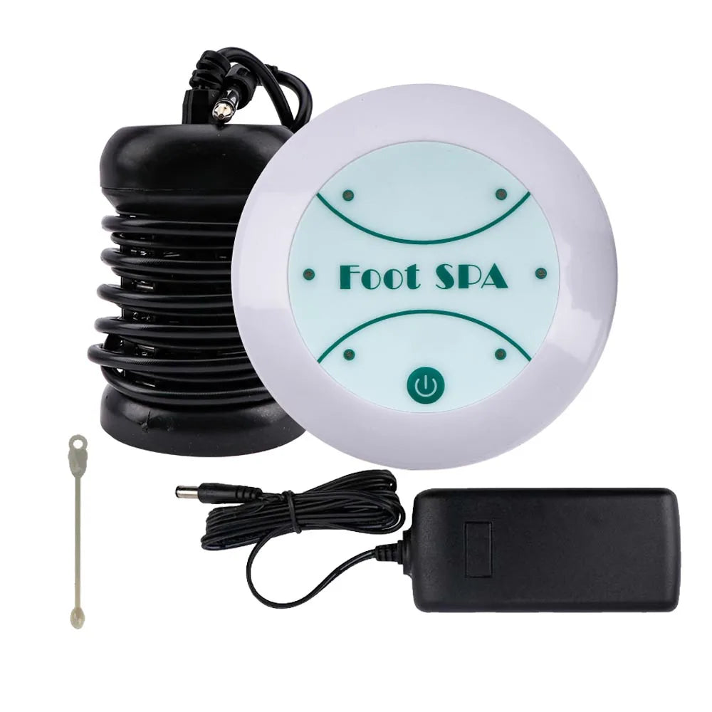 Electric ionic detox foot spa machine with black array and power adapter for home wellness and massage therapy.