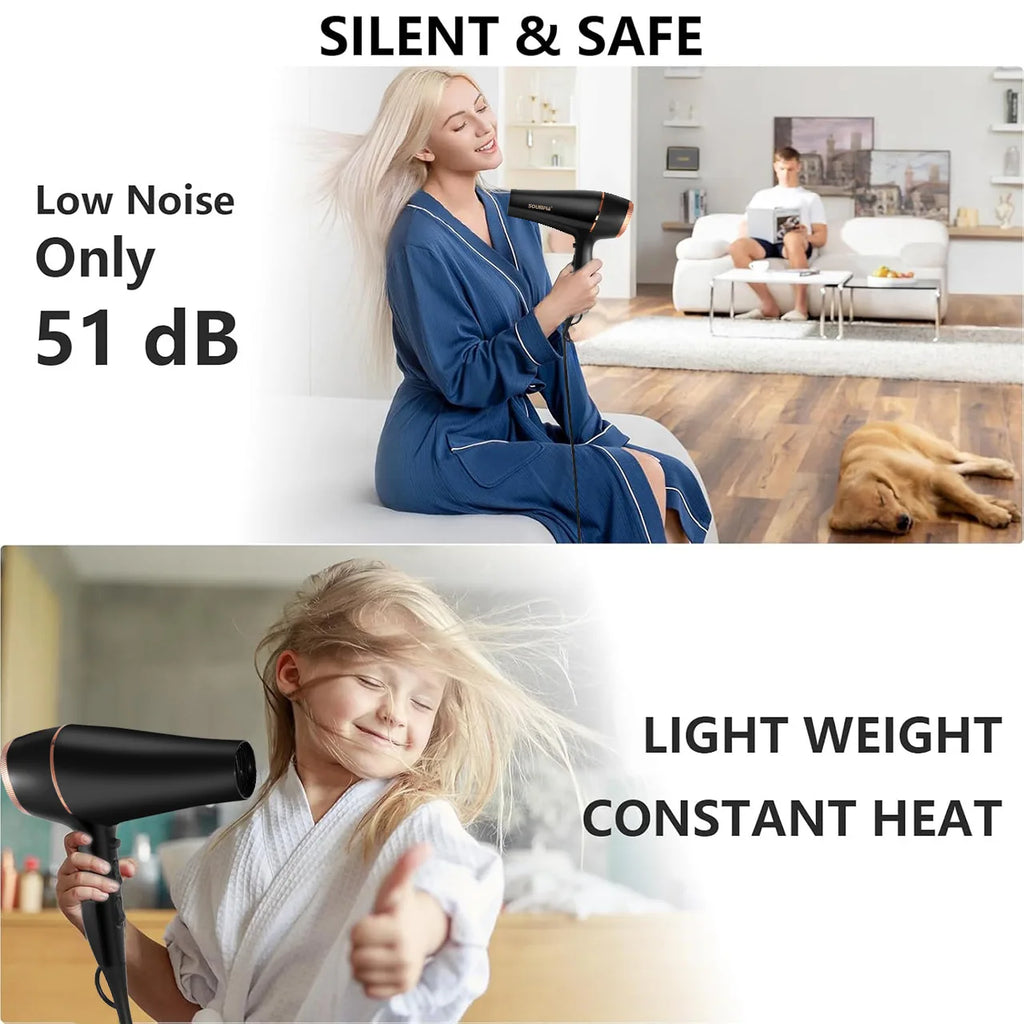 Black, 6-level professional quiet hair dryer for quick styling, featuring lightweight design and constant heat settings.