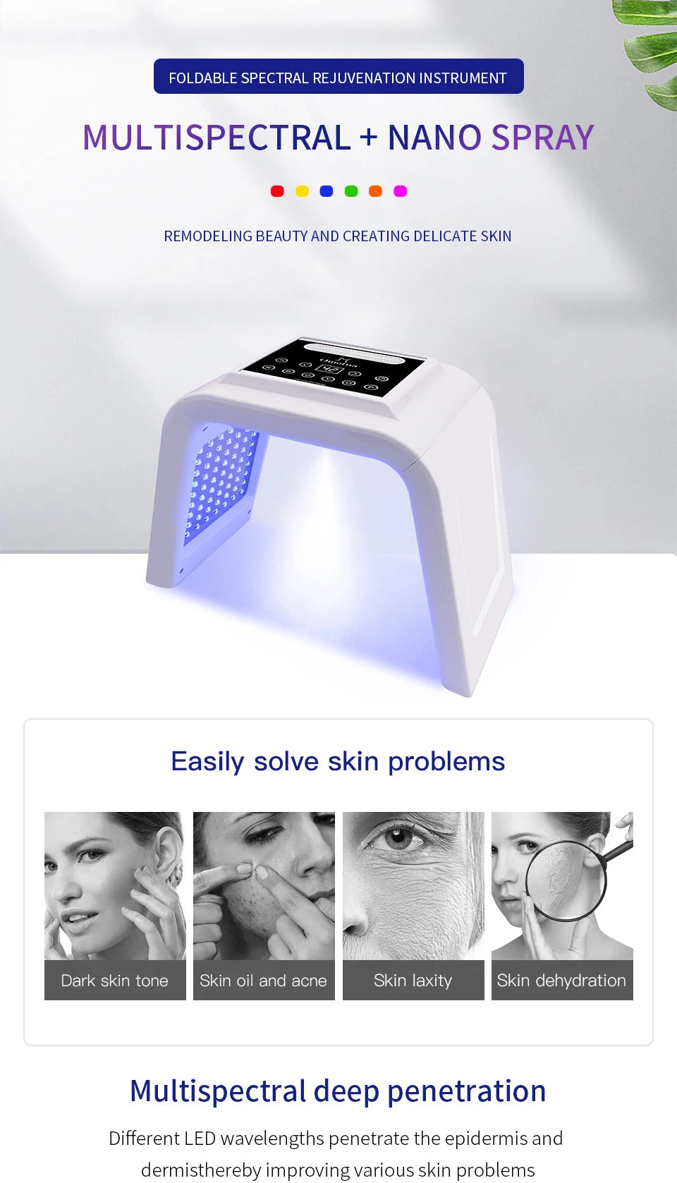 Foldable 7-color LED light therapy mask machine for home acne, anti-wrinkle, and skin rejuvenation with nano spray.