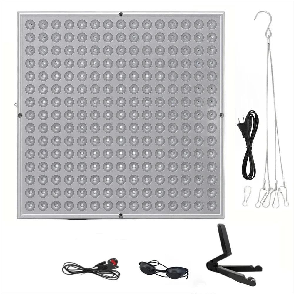 225-LED UV tanning lamp panel with hanging kit, power cord, protective goggles, and adjustable stand for skin care.