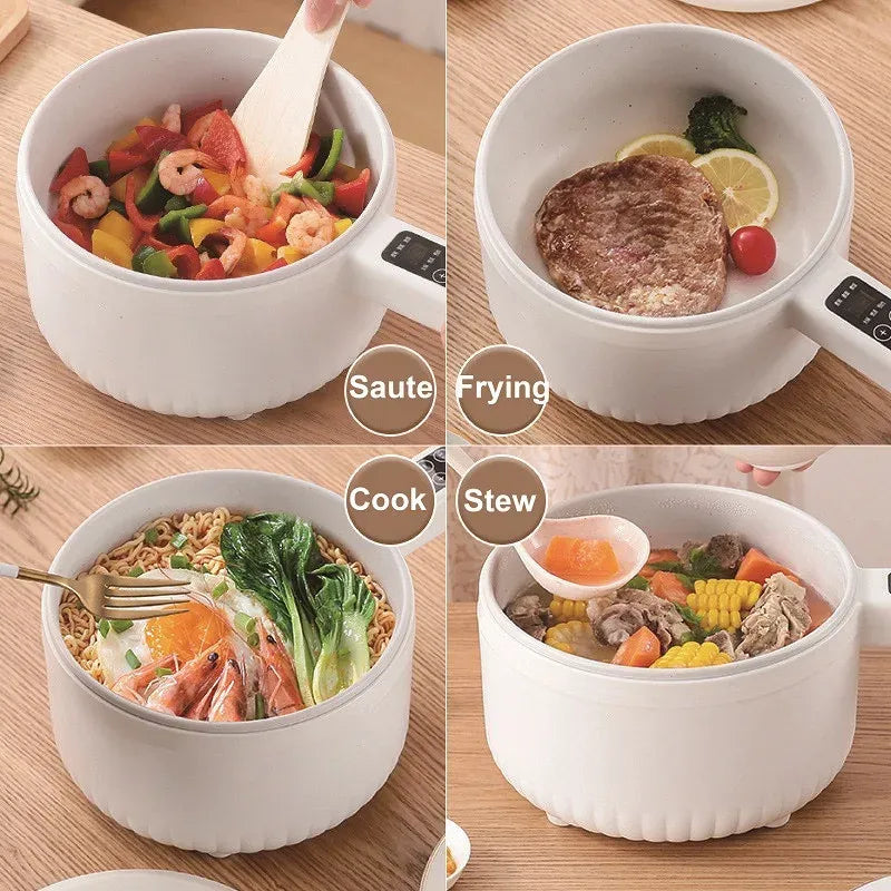 Multifunctional electric cooking pot with handle, showing mixed food meals inside