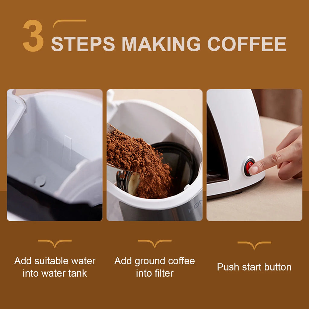 Instructional image showing 3 steps to use a white compact drip coffee maker with a reusable filter and start button.