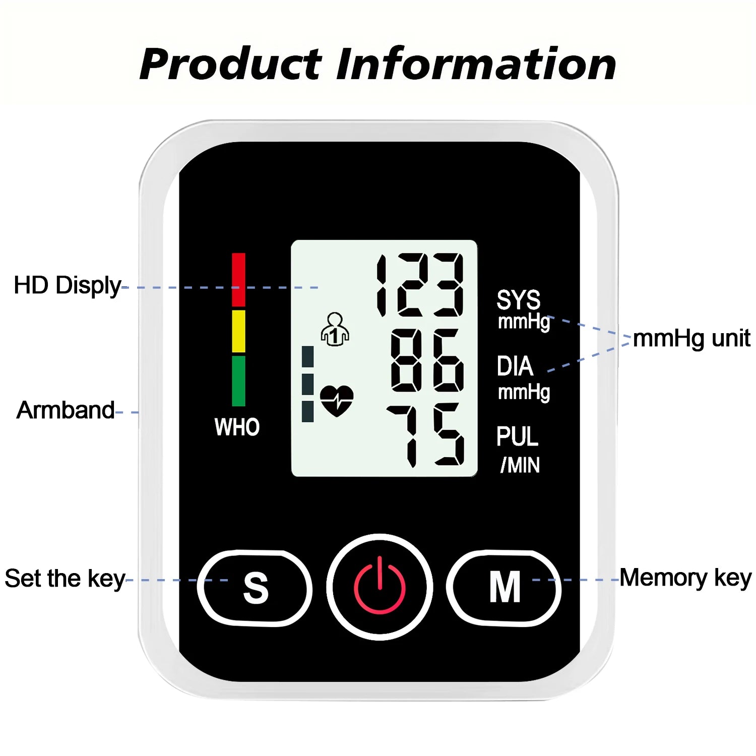 Arm Blood Pressure Monitor LCD Pressure Sensor Monitor BP Automatic Tonometer Digital Tensiometer LED Display Cuff Heart