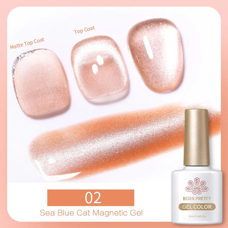 Shimmering rose-gold magnetic gel polish bottle with a swatch and three nail tips demonstrating different top coats.