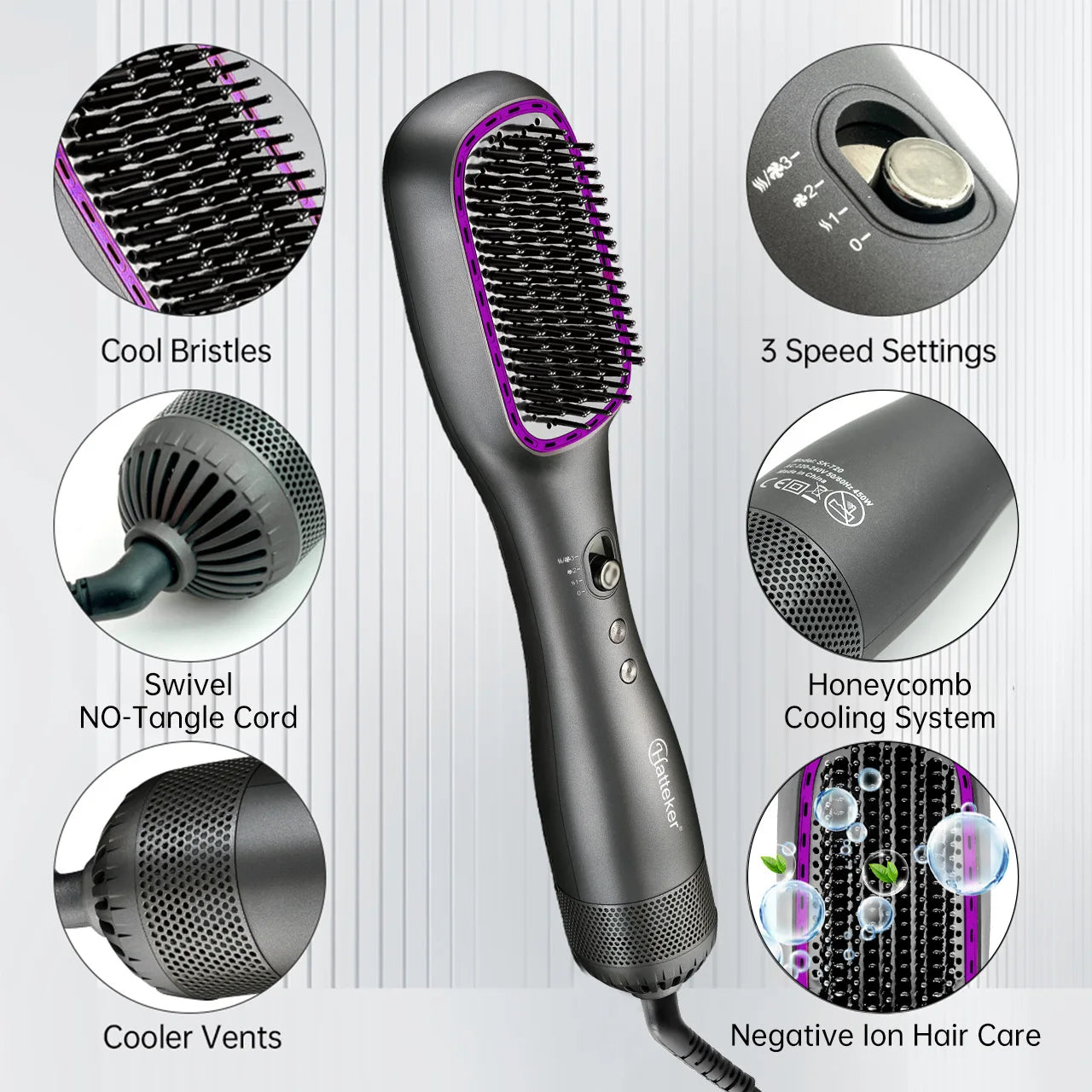 Hatteker grey electric hot air brush with 3 heat settings, tangle-free cord, and negative ion hair straightening comb.