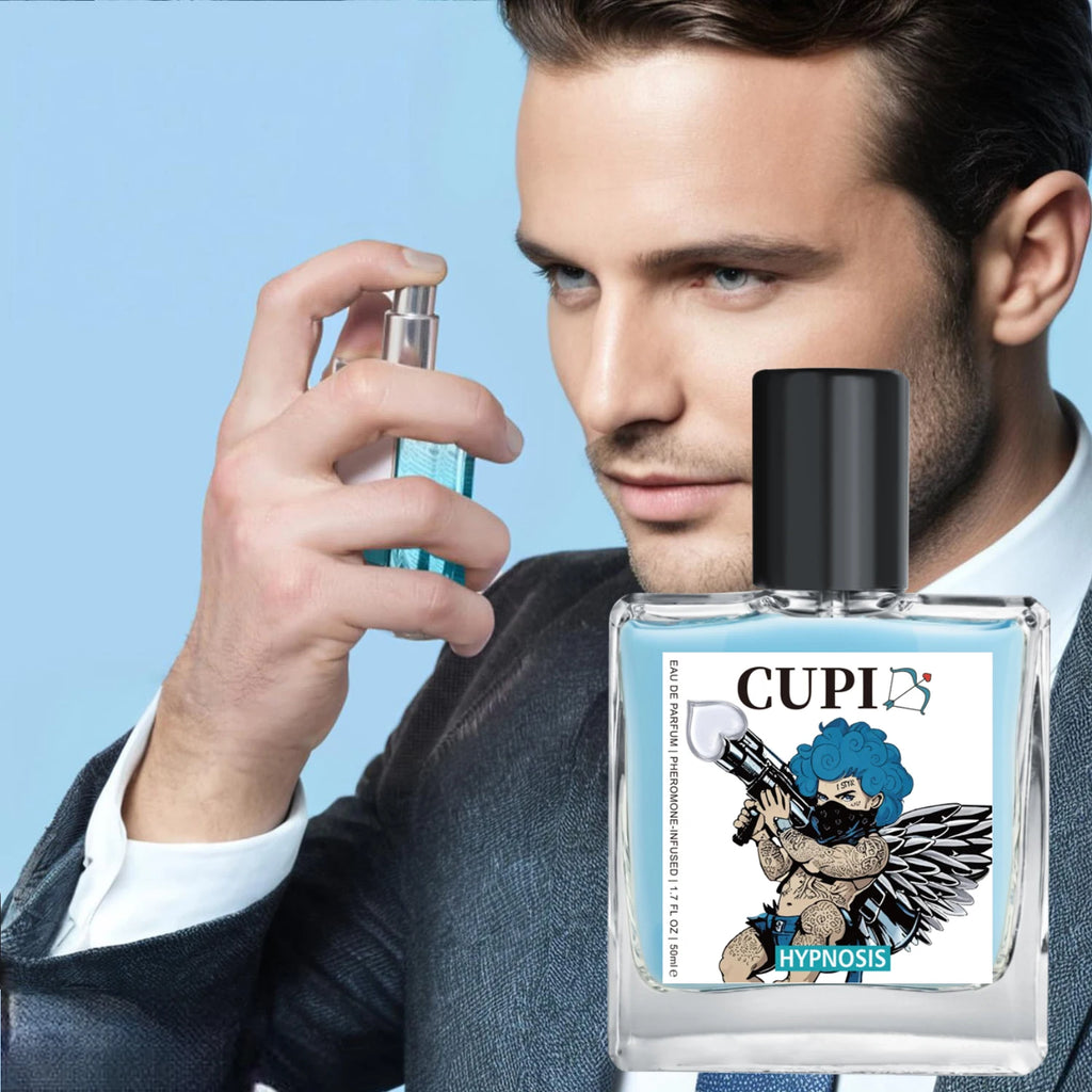 Cupid Hypnosis 2.0 Pheromone Eau de Parfum for men. 50ml square bottle with blue fragrance, cupid graphic, black cap.
