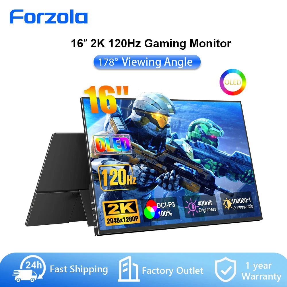 FORZOLA 16" 2K OLED Portable Monitor 120hz Gaming Display 100% DCI-P3 Laptop External Screen USB-C HDMI For Mac PC Mobile Phone
