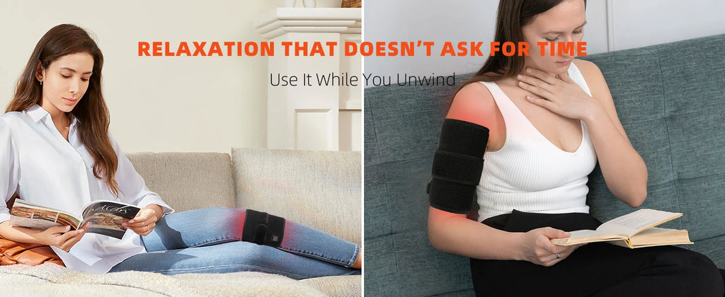 Portable red light therapy belt for pain relief, featuring 660nm and 850nm LED lights on knee and arm while relaxing.