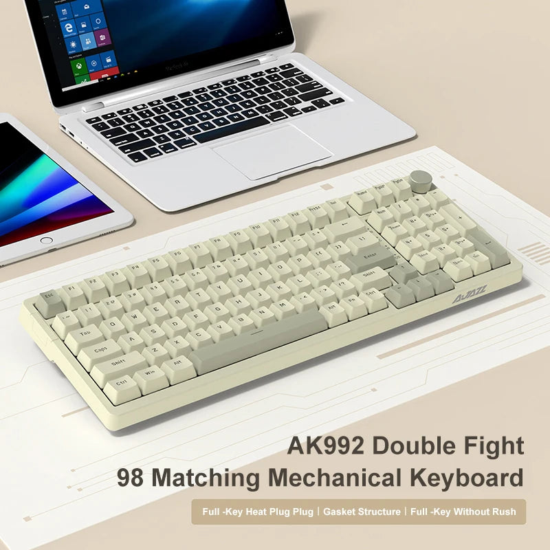 AK992 Retro Wired Mechanical Keyboard 100% 98-Key Full Layout Hot-Swap USB Gaming Keyboard Multimedia Key Knob, Blue Backlight