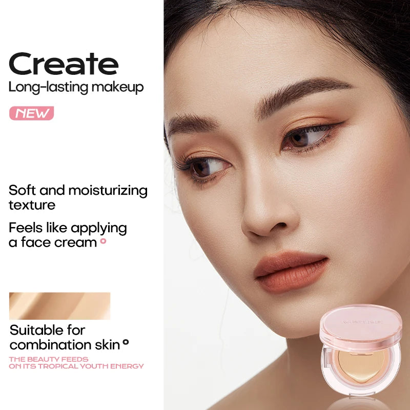 Tidesmit Mistine air cushion foundation texture close-up for natural dewy finish on combination skin