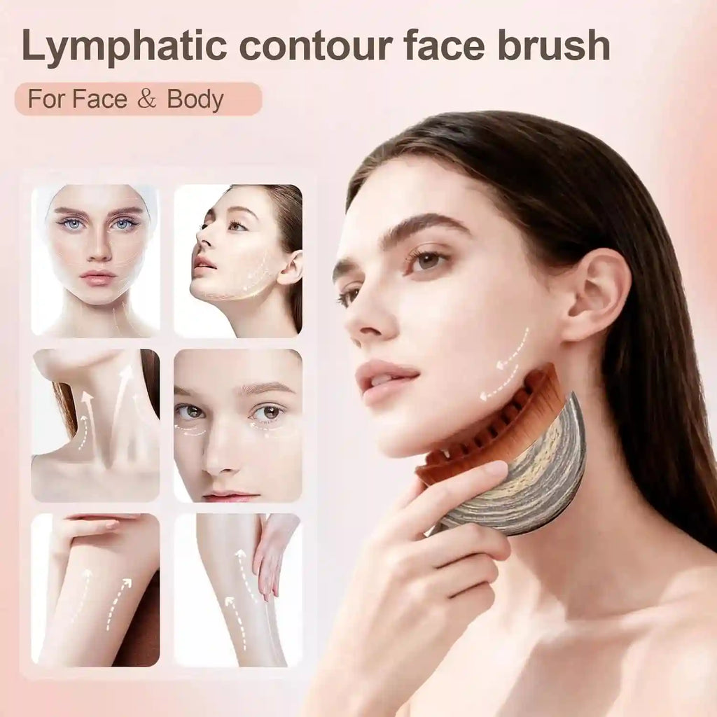 Woman using a curved, marble-patterned manual massage brush with soft brown bristles on her jawline.