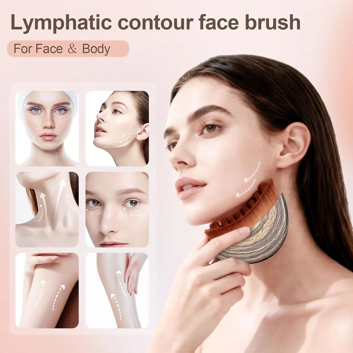 Woman using a curved wooden-handle lymphatic facial brush with soft brown bristles for skin contouring and massage.
